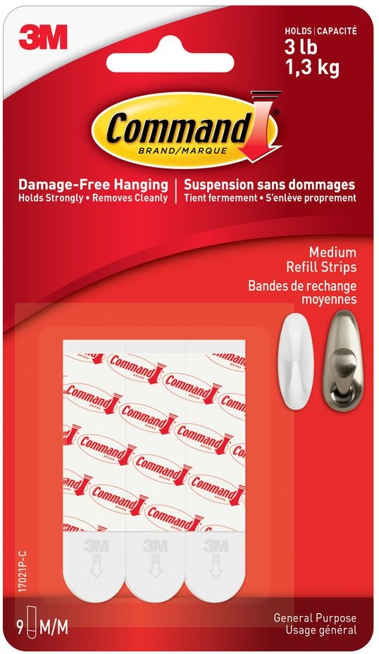 Medium General Purpose Refill Strips for Adhesive Hooks, White, 3-lbs, 9 Strips per Pack