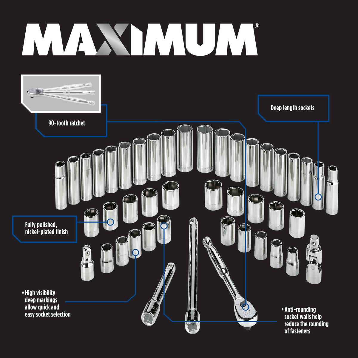 1/2-in Drive Professional Grade Socket Set, 45-pc, SAE/Metric, CRV, Nickel-Chrome Plating