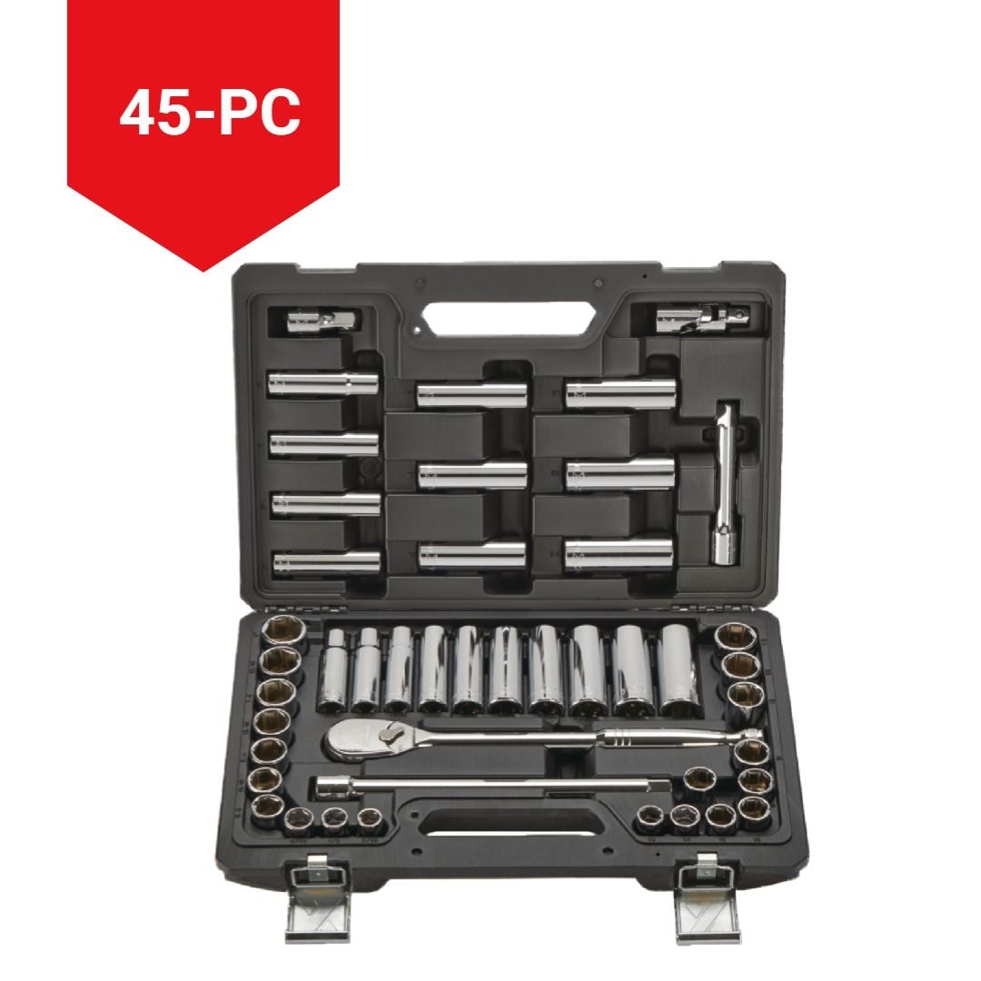 1/2-in Drive Professional Grade Socket Set, 45-pc, SAE/Metric, CRV, Nickel-Chrome Plating