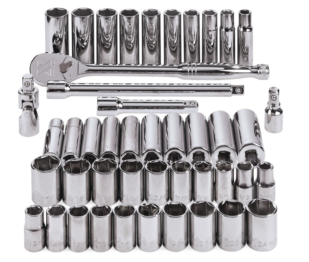 1/2-in Drive Professional Grade Socket Set, 45-pc, SAE/Metric, CRV, Nickel-Chrome Plating