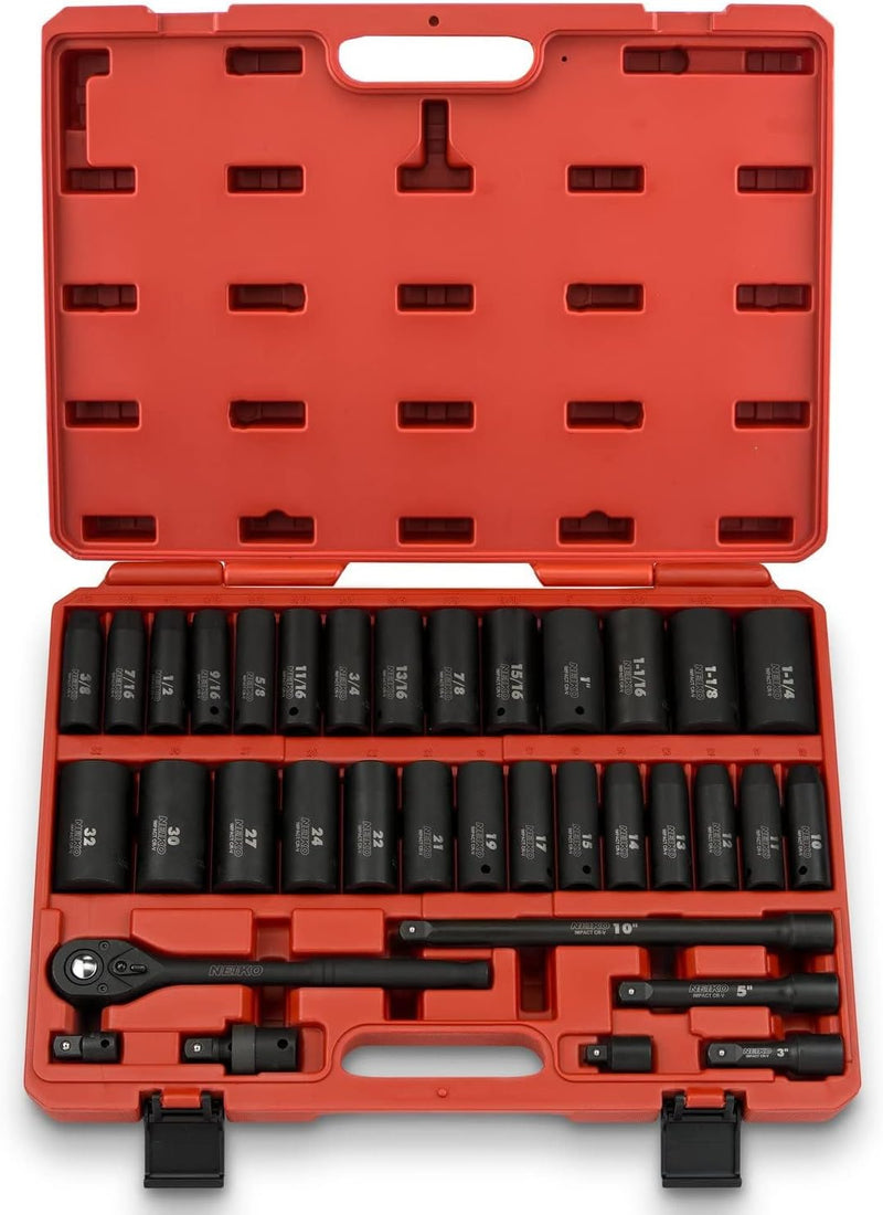 02448A 1/2" Drive Master Impact Socket Set, 65 Piece, Standard SAE (3/8"-1-1/4") & Metric (10-24 mm) Sizes, Deep & Shallow Kit, Includes Adapters & Ratchet Handle L3425