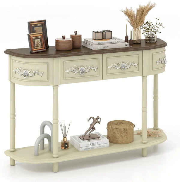 Retro game console table with drawer, 52-inch narrow sofa table with open shelves, table with storage function at the half-moon entrance, solid wood legs, entrance table for retro living room corridor, beige color scheme D617