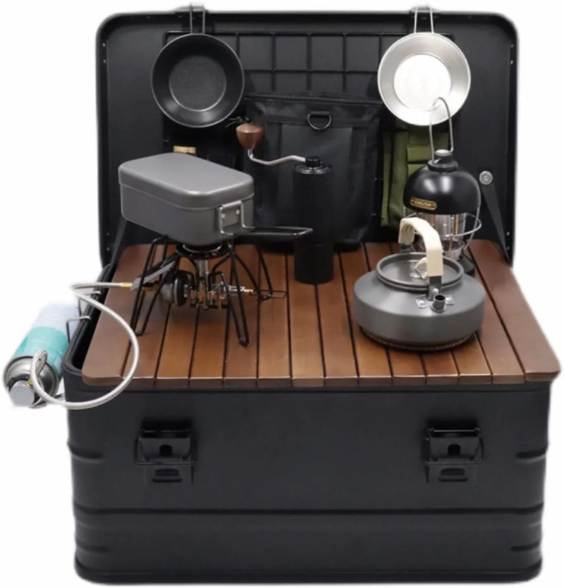 Camping box - Waterproof outdoor metal storage box, 47 liters, portable RV box, equipped with a wooden table and a set of 3 storage bags, large capacity storage box E5363