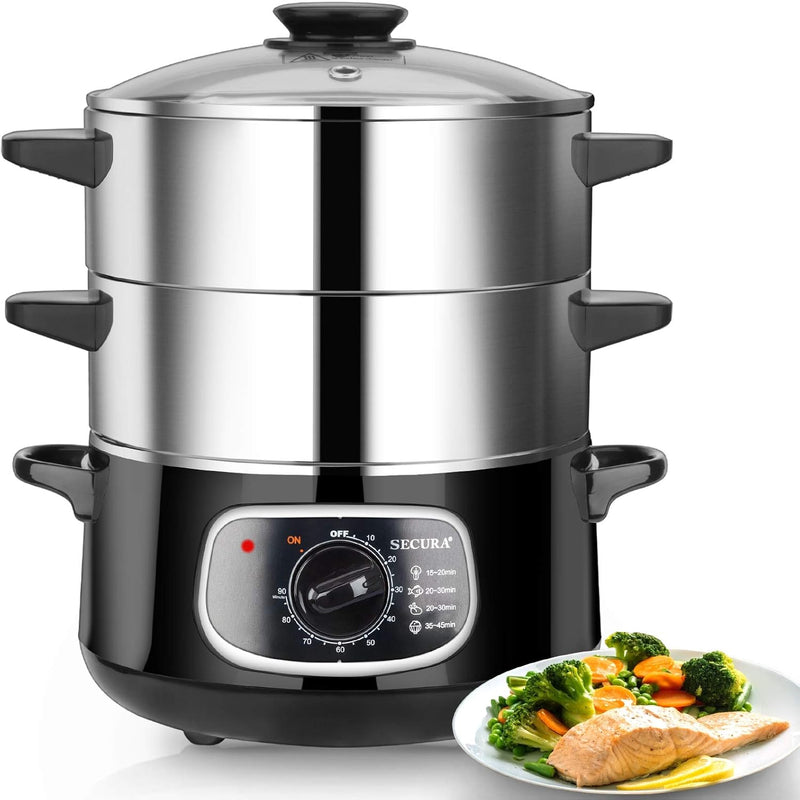 2 stainless steel food steamers, 8.5 liters capacity, electric glass-covered vegetable steamer, double-layer stackable steaming basket, with timer included F2656