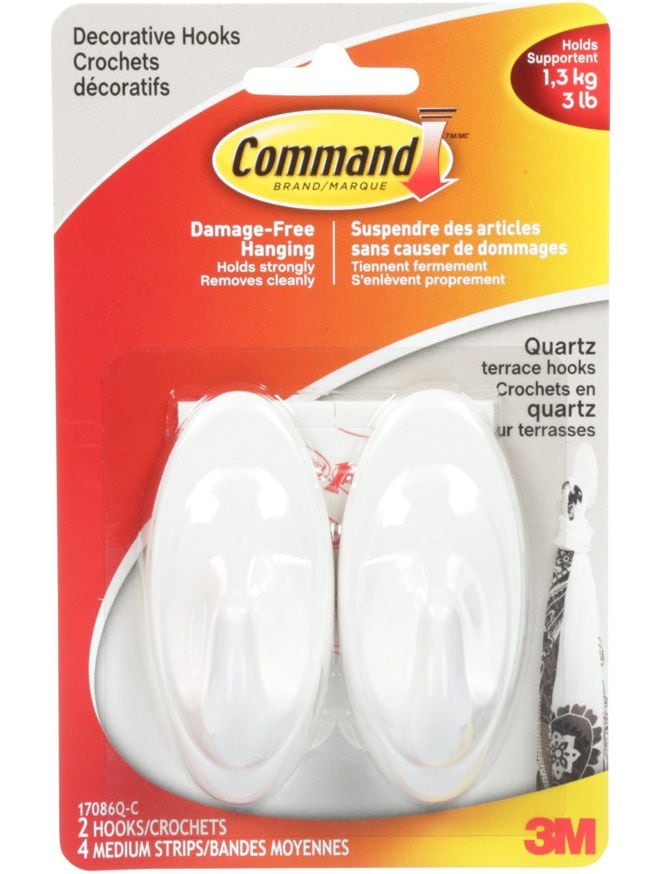Decorative Quartz Terrace Hooks with Adhesive Strips, White, 3-lbs, 2 Strips per Pack M8835