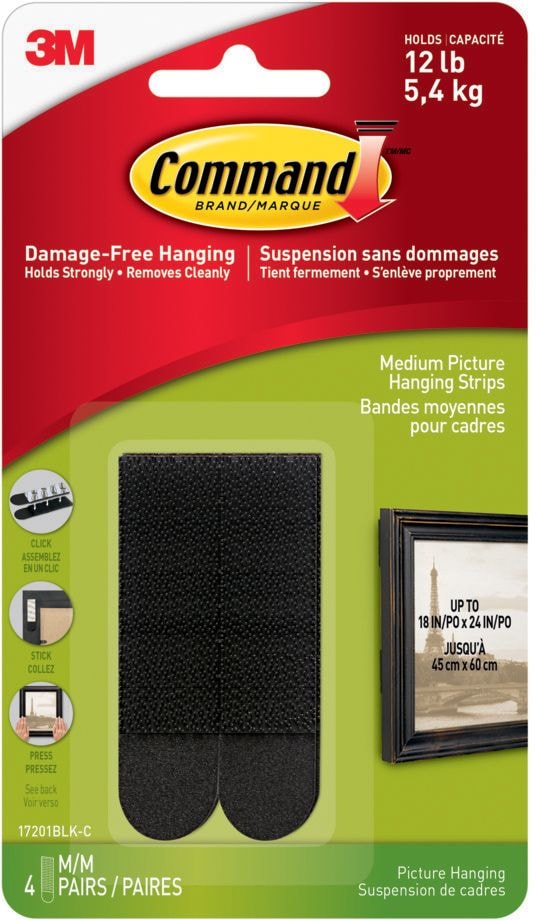 Medium Adhesive Picture Hanging Strips, Black, 12-lbs, 4 Strips Per Pack H9188