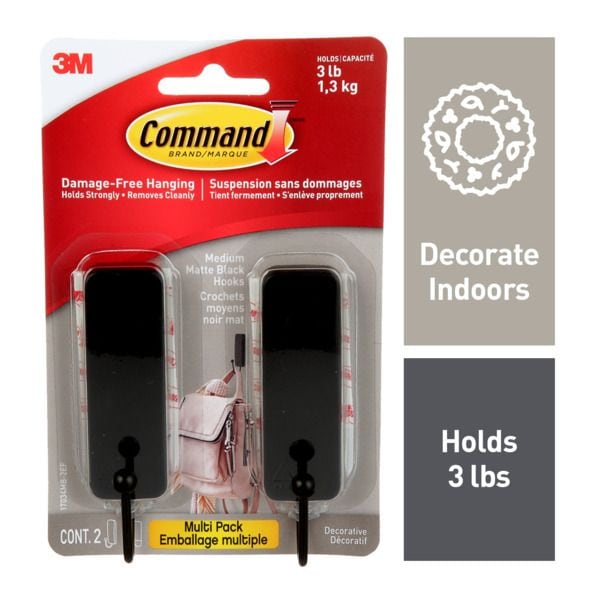 Medium Decorative Hooks with Adhesive Strips, Matte Black, 3-lbs, 2 Strips per Pack S7257