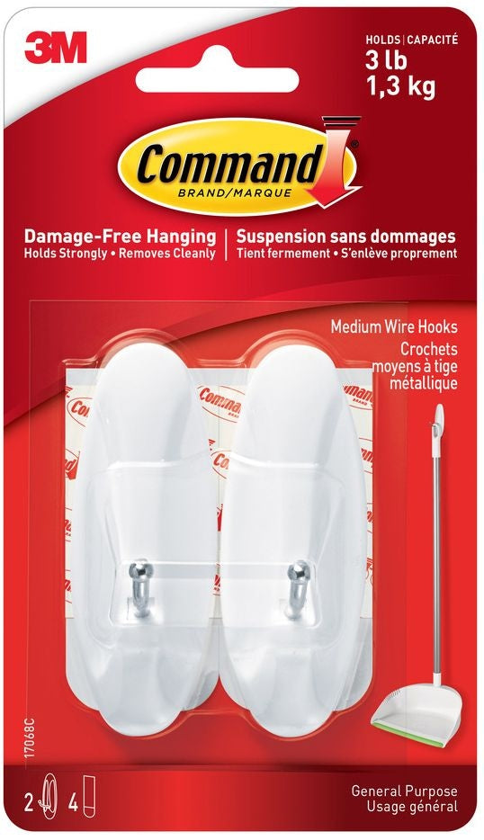 Medium General Purpose Wire Hooks with Adhesive Strips, White, 3-lbs, 2 Strips Per Pack N6251