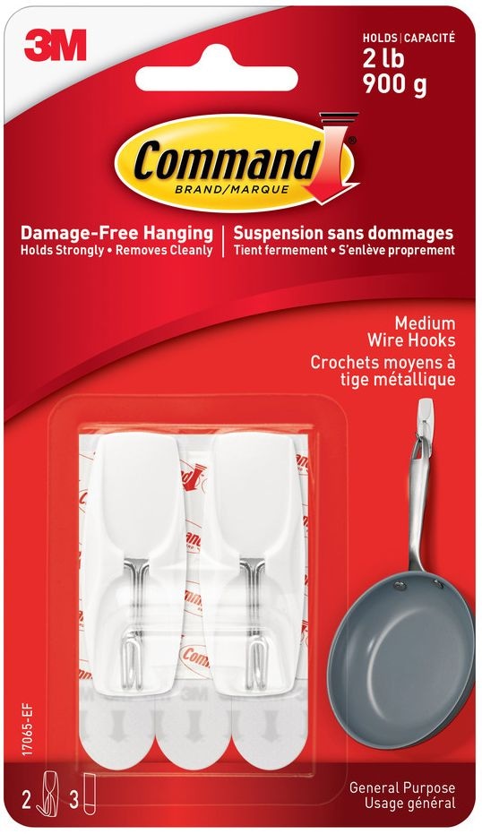 Medium Wire Toggle Hooks with Adhesive Strips, White, 2-lbs, 2 Strips per Pack S3021