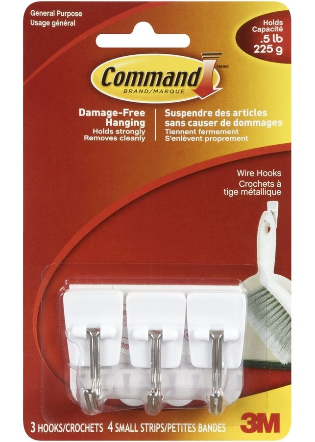 Micro Wire Utensil Hooks with Adhesive Strips, White, 0.5-lbs, 3 Strips Per Pack E2520