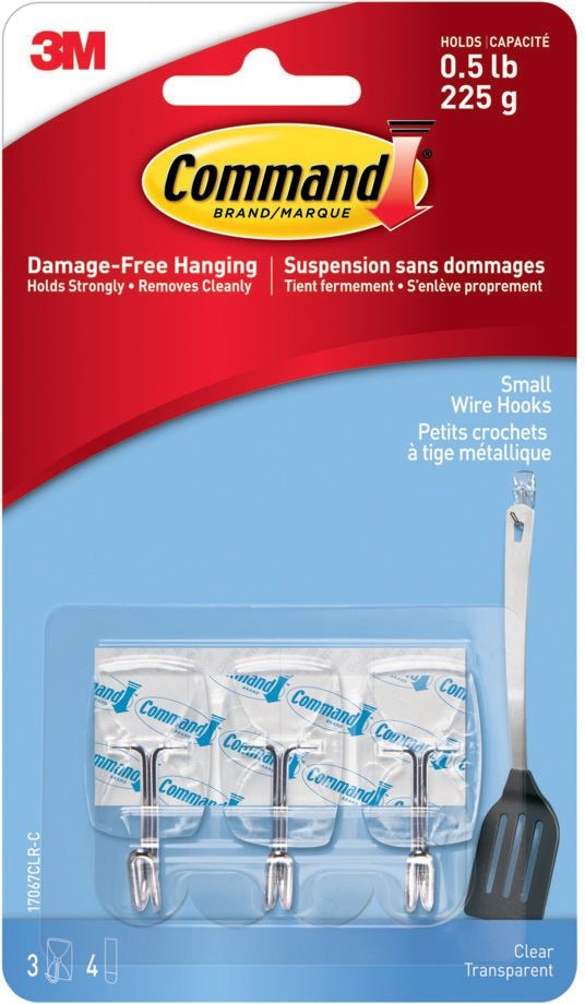 Small Wire Hooks with Adhesive Strips, Clear, 0.5-lbs, 3 Strips per Pack S7658