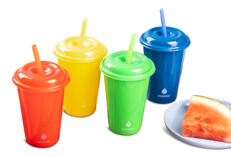 Plastic Kids Cups with Straws & Lids, 4-pc, Assorted Colours V9529