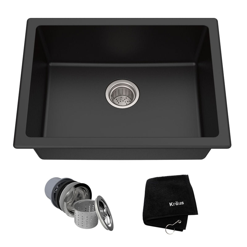 Quarza Top/Undermount Granite Single Bowl Kitchen Sink, Black Onyx, 24x18x9-in B3897