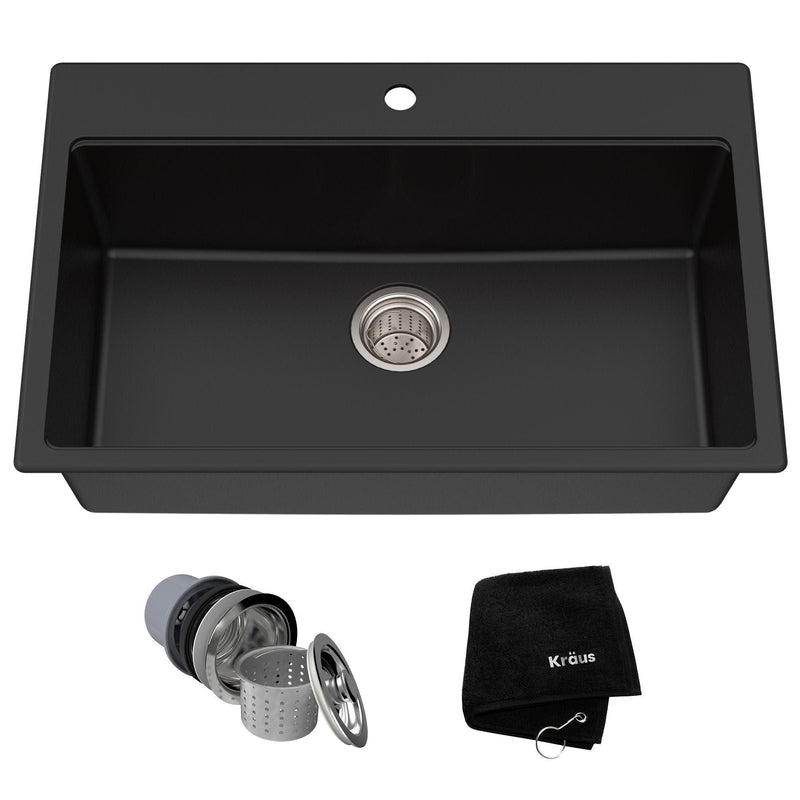 Quarza Top/Undermount Granite Single Bowl Kitchen Sink, Black Onyx, 31x20x9-in C4653