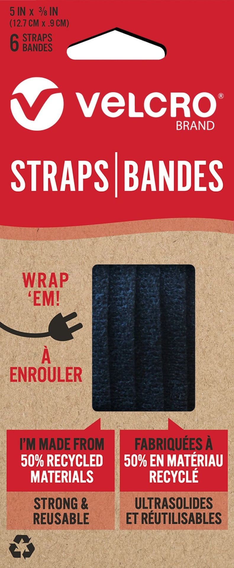 Hook-and-loop Adjustable Reusable Eco Pre-Cut Straps, Black, 5 x 0.3-in, 6-pk D3944